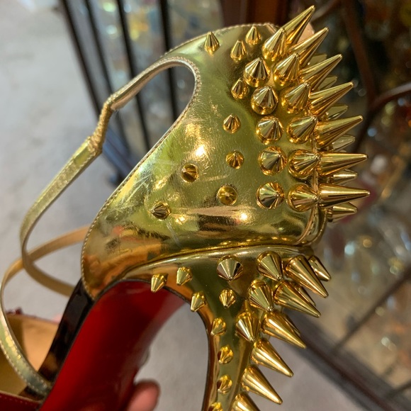 Louboutin Goldocross 100 Metallic Gold Carmin Spike Pumps 37 - Picture 7 of 8